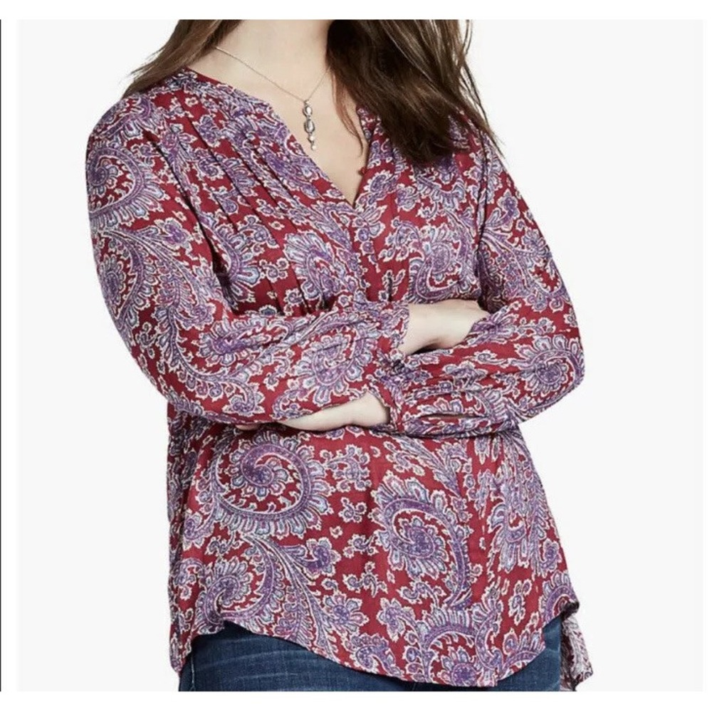 Lucky Brand Size Large Pin Tuck Paisley Shirt Button Closure Popover Maroon Top